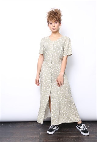 VINTAGE 90S BEIGE FLORAL PRINT BUTTON MIDI DRESS