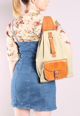 VINTAGE 70S TAN LEATHER CANVAS TRIANGLE BACKPACK BAG