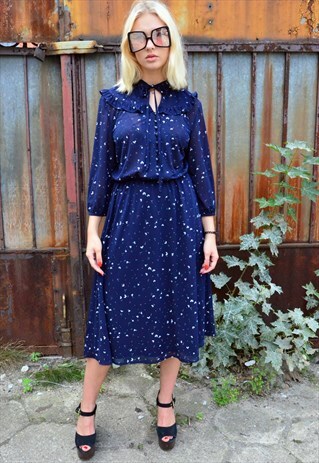 VINTAGE NAVY DRESS WITH FLOWERS