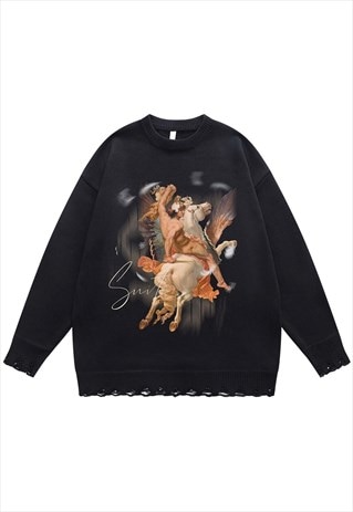 SAINT SWEATER RIPPED JUMPER ANGEL PRINT KNITTED TOP IN BLACK