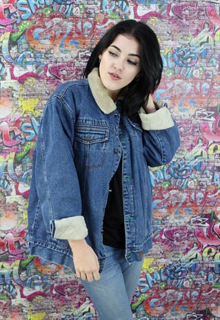 VINTAGE 80S MID BLUE SHERPA FLEECE LINED DENIM JACKET.