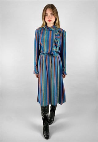 Betty Barclay 80's Green Blue Ruffle Long Sleeve Midi Dress