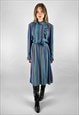 Betty Barclay 80's Green Blue Ruffle Long Sleeve Midi Dress