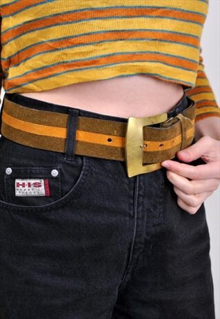 80S BROWN SUEDE STRIPED BELT, ORANGE PRINT EVENING BELT