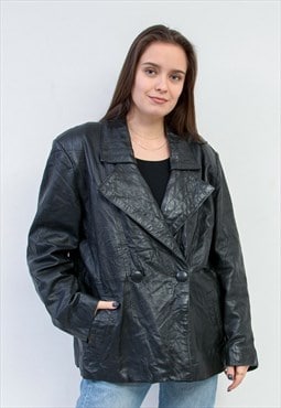 Vintage Women's L Leather Jacket Double Breasted Black Blaze