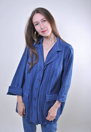 WOMAN 80S RETRO OVERSIZE MINIMALIST BLUE BLOUSE