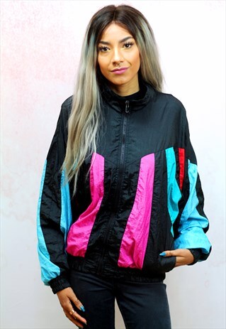 1980S VINTAGE BLACK WITH COLOURED PANELS SHELL TRACK JACKET