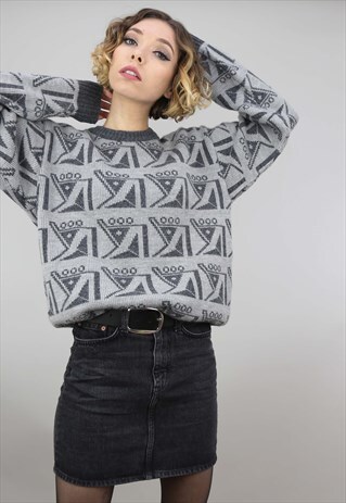 VINTAGE 80S 90S OVERSIZED PATTERNED KNIT JUMPER GREY