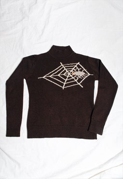 Vintage 90s Spider Web Knit Jumper in Brown