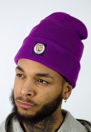 PURPLE SPORTS BEANIE WITH CBYM TIGER WOVEN PATCH