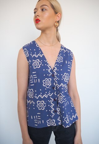 VINTAGE SLEEVELESS BUTTON UP BLUE BLOUSE