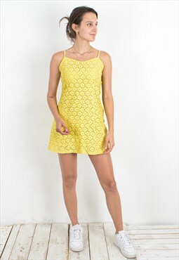 Women's S 70's Summer Dress Yellow Zip Up Guipure Straps