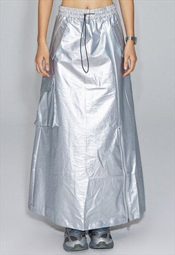 Metallic maxi skirt utility raver skirt in silver grey