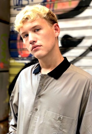 VINTAGE 80'S KHAKI SHIRT WITH BLACK COLLAR