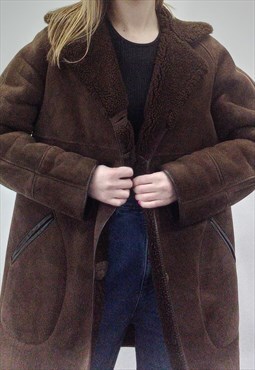 90's Vintage Coat Brown Shearling Button-Up