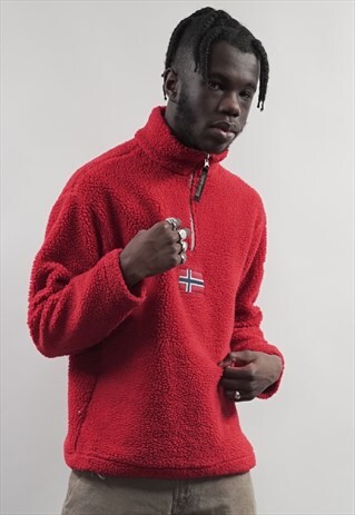 VINTAGE 90'S NAPAPIJRI RED ZIP-UP HEAVY FLEECE SWEATER