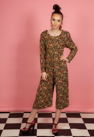 90S VINTAGE CREAM GREEN RED FLORAL PATTERN CROPPED CULOTTE