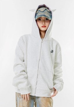 Devil horn crop hoodie thickened rave pullover jacket grey