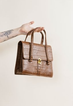 Vintage 60s Real Leather Brown Square Neck Handbag