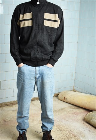VINTAGE 80S FULL ZIP KNITTED SWEATSHIRT JUMPER PULLOVER
