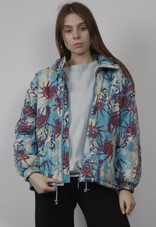 VINTAGE 80'S HOODED BLUE PATTERN DETAIL PUFFER JACKET