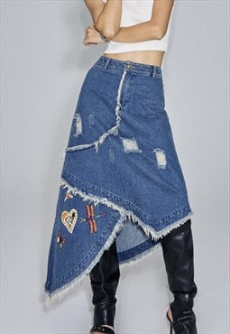  Asymmetric maxi denim skirt patchwork jean bottoms in blue