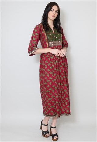 70's Vintage Dress Indian Cotton Smock Dark Red Midi 