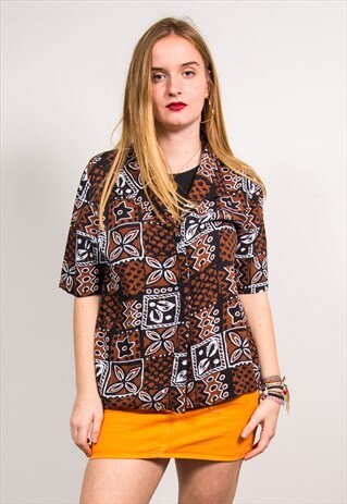 VINTAGE 90'S BROWN ABSTRACT PATTERN SHORT SLEEVE SHIRT
