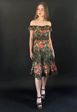 70's Vintage Ladies Dress Spinney Cotton Green Floral Ruffle