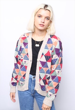 VINTAGE 90S PATCHWORK WOOL KNIT CARDIGAN