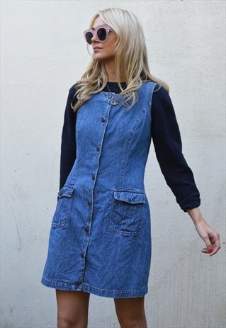 VINTAGE 90S BLUE DENIM BUTTON THROUGH PINAFORE DRESS
