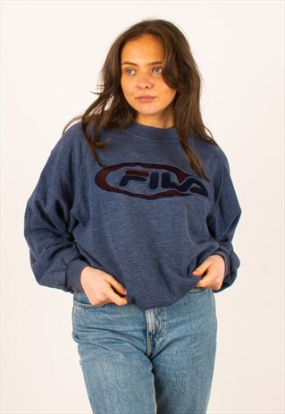VINTAGE 90S BLUE FILA SPELLOUT CREWNECK SWEATSHIRT MEDIUM