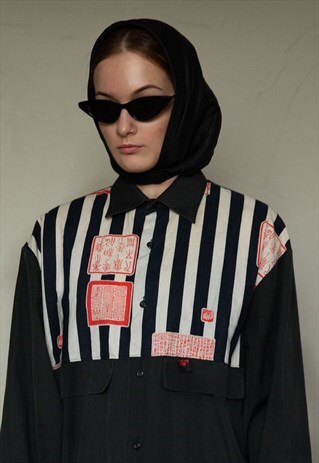 VINTAGE STRIPED SHIRT WITH DESCRIPTION IN CHINESE .UNISEX