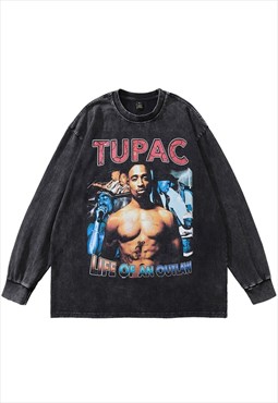 Rapper t-shirt vintage wash top hip-hop long tee in grey