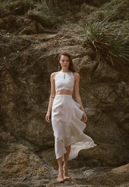 Linen ruffle wrap skirt with adjustable waist bow tie detail