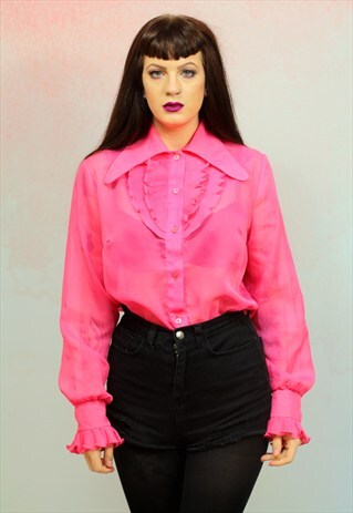 1980S VINTAGE SEMI SHEER NEON PINK RUFFLE BLOUSE
