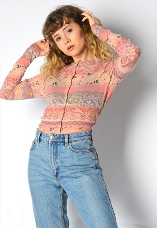 VINTAGE 90S PINK FLOWER SHEER LONG SLEEVE TOP