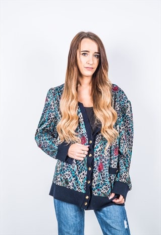 VINTAGE 1980S FESTIVAL BLUE PATTERNED BOMBER JACKET