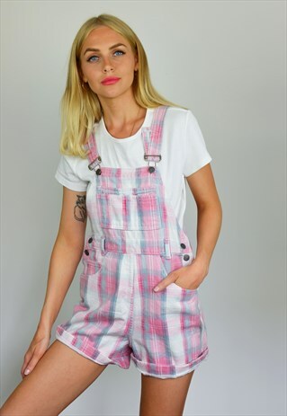VINTAGE 90S Y2K PINK & WHITE CHECK DENIM SHORT DUNGAREES