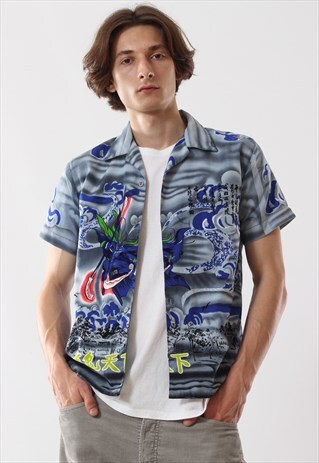 VINTAGE TATTOO PRINTED DRAGON GRAPHIC 90S GREY SHORT SLEEVE