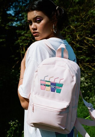 PINK MINI BACKPACK WITH EMBROIDERED SLUURPEE DESIGN