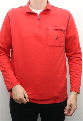 VINTAGE NAUTICA - RED EMBROIDERED QUARTER ZIP SWEATSHIRT - L