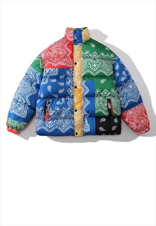 Rainbow paisley bomber bright Bandanna print puffer jacket
