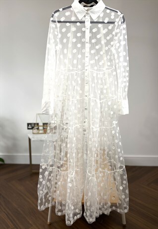 SPOTTED DESIGN LACE SHIRT DRESS CARDIGAN IN WHITE