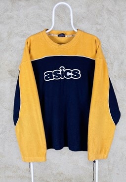 Vintage Asics Fleece Sweatshirt Yellow Blue Embroidered