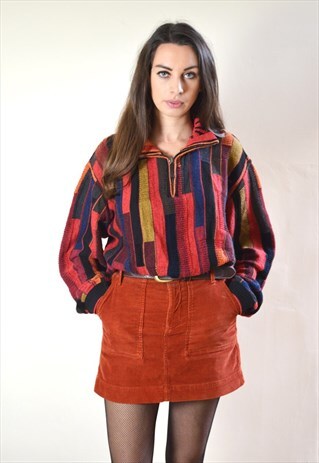 80S VINTAGE ORANGE & RED ABSTRACT PATTERN 1/4 KNIT JUMPER
