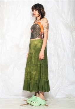 Vintage Y2K Tiered Goblin Skirt in Tie-dye Green Reworked