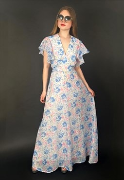 70's Vintage White Blue Floral Fluted Short Sleeve Maxi Dres