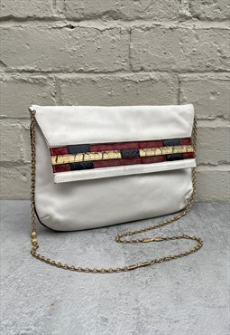 90s White Leather Clutch with Chain Strap