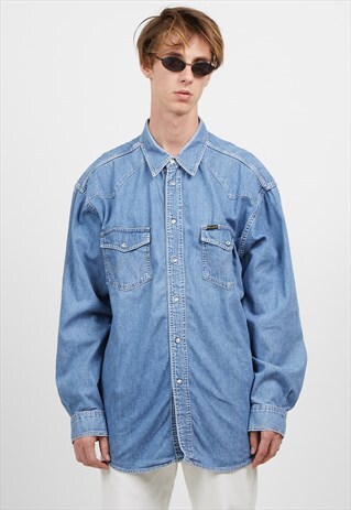 VINTAGE BLUE WRANGLER LONG SLEEVE DENIM SHIRT